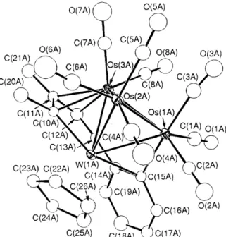 Fig. 3 The molecular drawing of 6. Bond lengths  (A):  Os(lA)-Os(2A)  2.791(2),  OS(  lA)-Os(3A)  2.847(2),  OS(  lA)-W(  1A)  2.826(2),  OS(~A)-OS(  3A) 2.827(2)  ,  Os(2A)-W( 1A) 2.75 1(2), Os(3A)-W( 1A)  2.735(2), Os(lA)-C(lSA)  2.07(4), Os(3A)-C(lOA)  