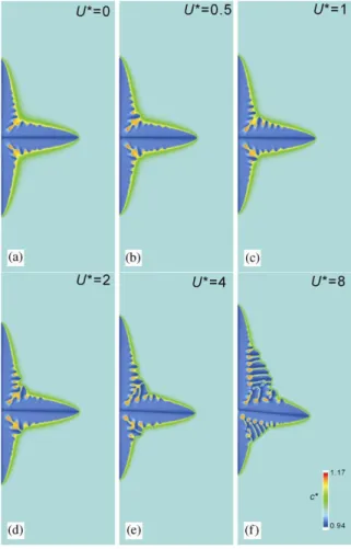 Fig. 4. Calculated morphologies at different ﬂow speeds at t ¼ 500: