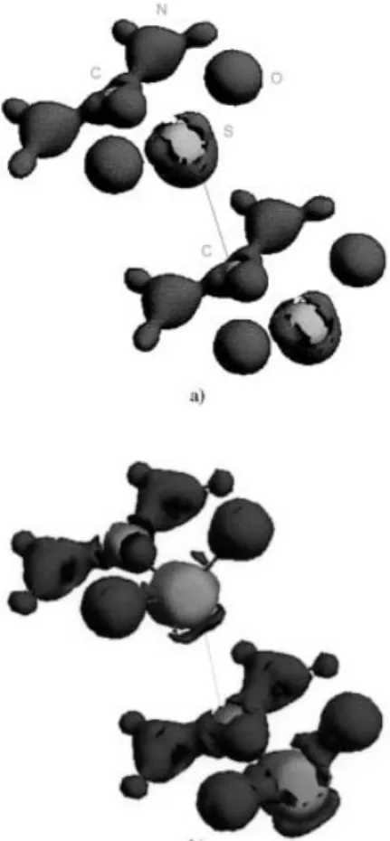 Figure 9. The isovalue surfaces (r 2 1(r)  11.0 eä 5 ) of Laplacian dis- dis-tributions concerning the C ¥¥¥S' interaction between two moieties from a) theory based on a heptamer model and b) experiment.
