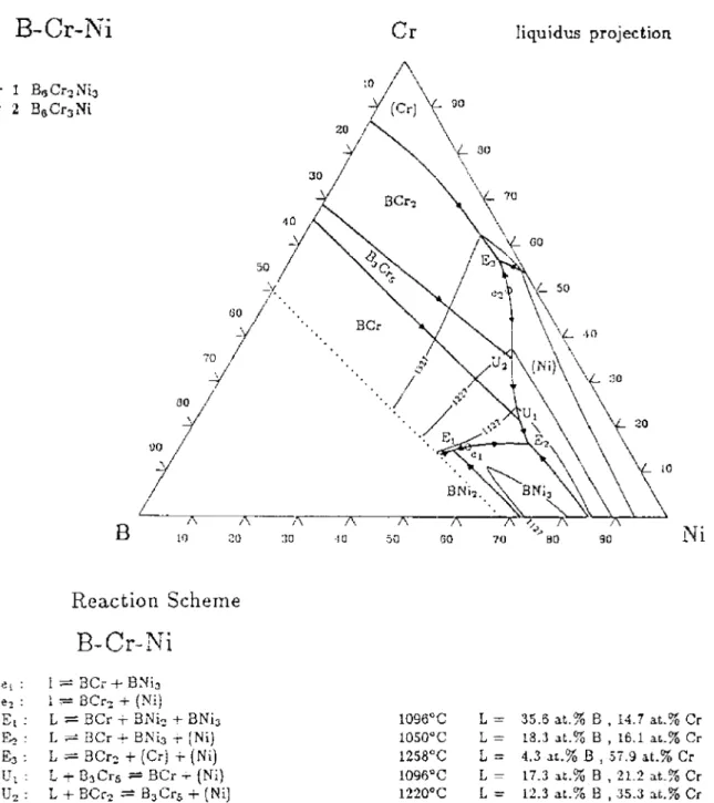 Fig. 4. Liquidus projection of B–Cr–Ni phase diagram [31].