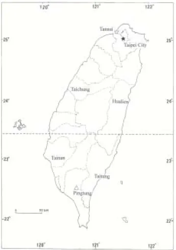 Fig. 1. Location of Taipei City(★) and the other sampling locations in Taiwan, Tansui(☆), Taitung, Tainan,  Pingtung(△), Hualien and Taitung