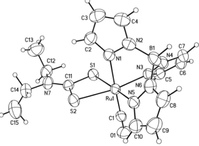 Fig. 1. ORTEP drawing of [TpRu(CO)( h 2 -S 2 CNEt 2 )] (8). Thermal ellipsoids are drawn at the 50% probability level