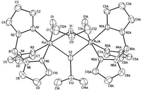 Fig. 4. ORTEP drawing of (cis, syn)-[Tp 2 Ru 2 (CO) 2 ( m-S i Pr) 2 ] (10). Thermal ellipsoids are drawn at the 50% probability level