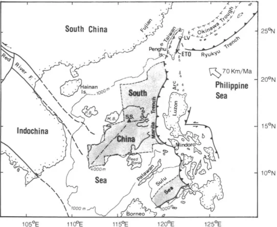 Fig.  1.  Geotectonic  framework  of  Southeast  Asia.  In  the  South  China  Sea,  the  oceanic  crust  (shaded  area)  is  s u r r o u n d e d   by  microcontinental  fragments, such  as  Paracel  Bank  (P.B.)  and  Macclesfield  Bank  (M.B.)  to  the  