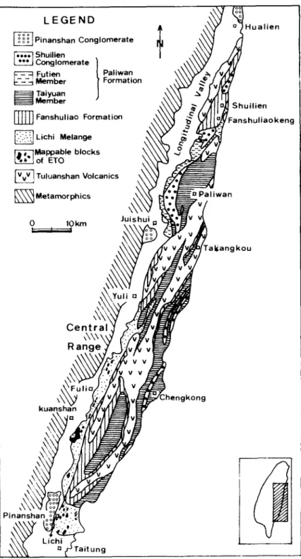 Fig.  2.  Distribution  of  the  E T O   and  the  geologic  m a p   of  the  Coastal  R a n g e   of  Taiwan  (after  Liou  et  al
