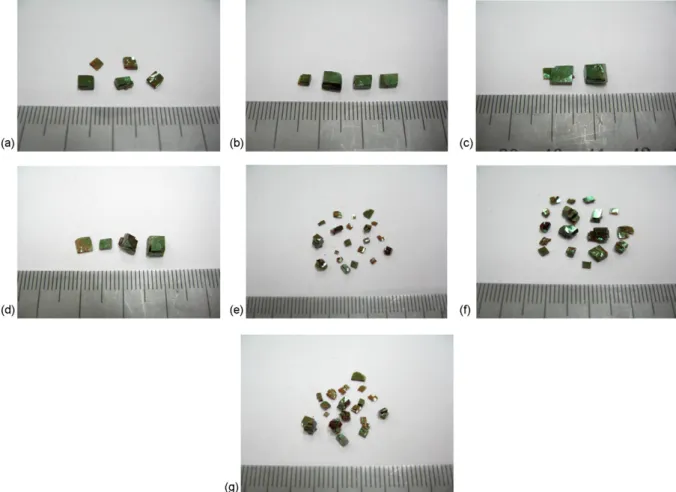Fig. 4. Grown DAST crystals in different DTPA and EDTA concentrations. (a) DTPA-20 ppm, (b) DTPA-30 ppm, (c) DTPA-40 ppm, (d) EDTA-20 ppm, (e) EDTA- EDTA-30 ppm, (f) EDTA-40 ppm and (g) pure DAST.