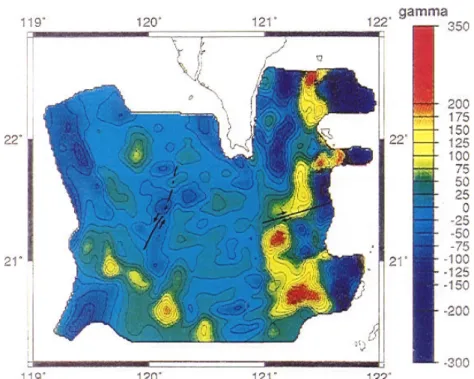 Figure 7. The magnetic anomaly map (after reductin to the pole) of the study area. The anomaly low  (contour of 25 mgal), observed in the southwestern portion of Figure 9, is closely related to  the boundary separating the transitional and the oceanic crus
