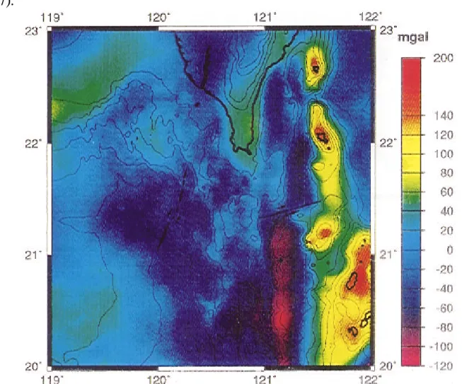 Figure 8. The Free-air gravity anomaly map overlaid with bathymetric contours in 500 m interval of  the study area