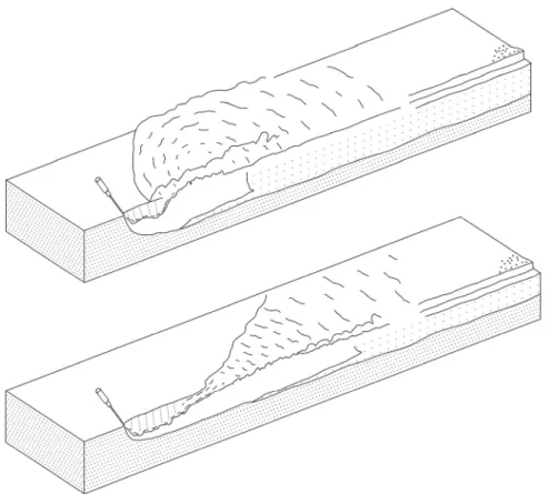 Figure 8. Three-dimensional flow patterns induced along an erodible underwater sand bed by  slowly (top) and rapidly moving point jets (bottom)