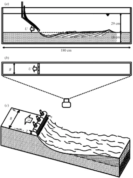 Figure 2. Experimental set-up: (a) side view of ﬂume and moving jetting arm; (b) top view of ﬂume and wide-angle camera used for time-lapse photography; (c) close-up of the travelling jetting heads and induced ﬂow pattern.