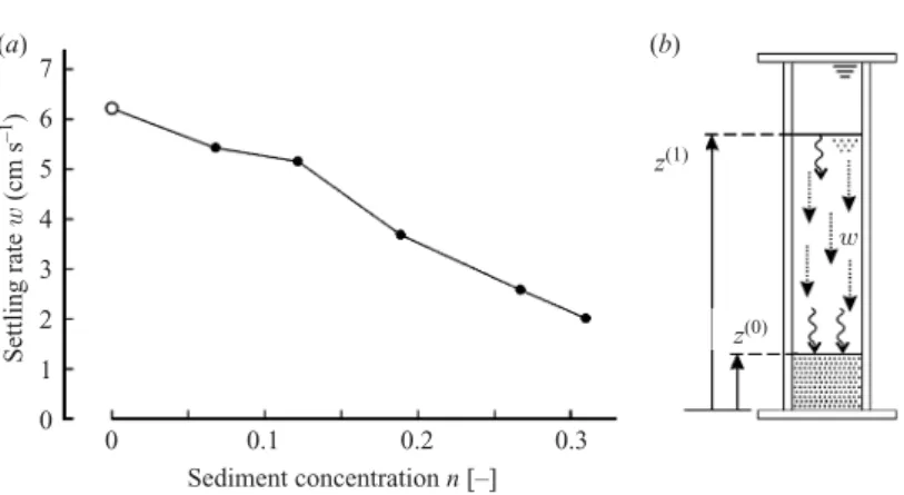 Figure 3. Sedimentation column tests: (a) measured settling rates w(n) (ﬁlled circles) for various sediment concentrations n, compared with the fall speed W = w(0) of individual sand grains (open symbol, mean of 20 measurements); (b) deﬁnition sketch