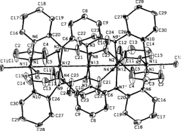 Figure 2.  Crystal  structure of  pi,(p,-tpda),CI,]  (ORTEP view)  Pertinent  bond  lengths  (A)  and angles  r):  Nil-CI  2.346(3), Nil -Ni2  2.385(2), Ni2-Ni3  2.305(1),  Nil  -  N (averaged) 2.11 1(9), Ni2-  N (averaged) 1.897(1  S),  Ni?-  N 1.904(8), 