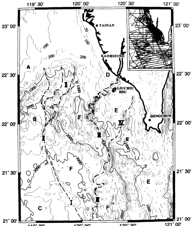 Fig.  2.  Bathymetry  map  of  the  study  area.  The  bathymetric  data  were  grided  and  contoured  using  the  GMT  system  (Wessel  and  Smith,  1991)