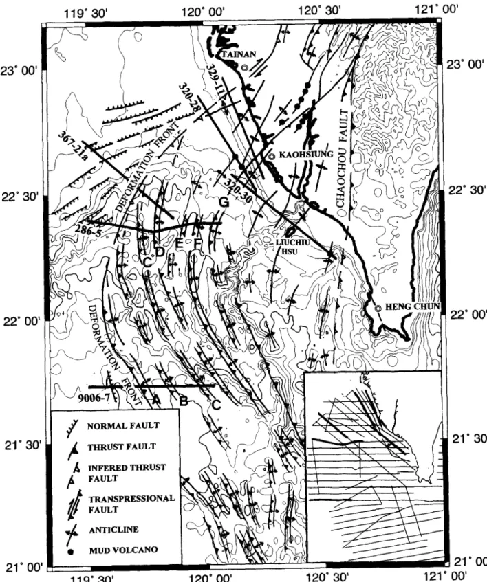 Fig.  3.  Structural  map  of  the  study  area.  Bathymetric  contours  (in  meters)  are  shown  in  thin  lines