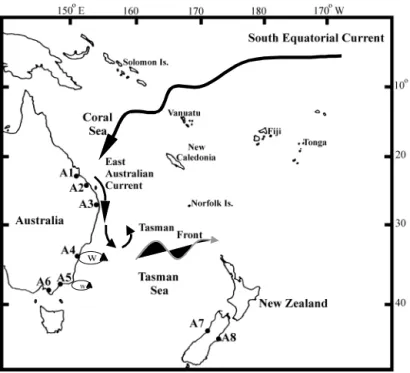 Table 1. Anguilla australis sampling sites, dates and sample sizes collected from 6 Australian estuaries (Sites A1 to A6) and 2 New Zealand estuaries (Sites A7 to A8) (sites are shown in Fig