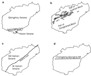 Fig. 2 Comparison of different tectonic models for Hainan Island. Two tectono-stratigraphic terranes, with different subdivisions, for the island were suggested by (a) Yang  et al 