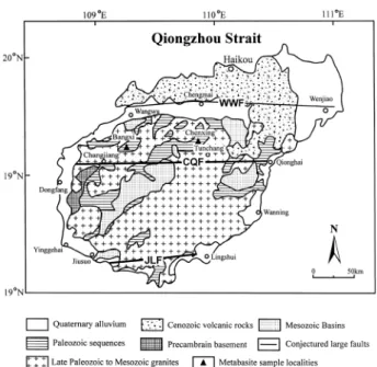 Fig. 3 Simplified geologic map of Hainan Island (modified after Guangdong 1988) illustrating the sample localities (triangles)
