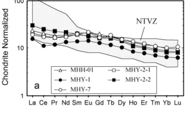 Fig. 6. Chondrite-normalized REE patterns for the Mienhuayu high-Mg basaltic andesites
