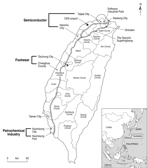 Fig. 1. Taiwan and the three regional industries