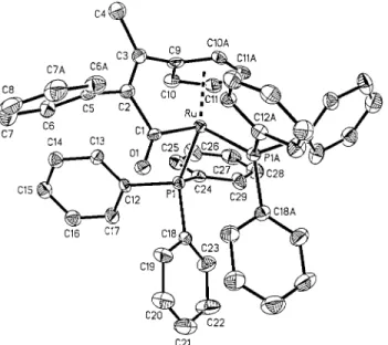 Figure 1. ORTEP drawing of [η 5 :η 1 -C 5 H 4 C(CH 3 )dC(Ph)C- )dC(Ph)C-(O)](PPh 3 ) 2 Ru (3a), with thermal ellipsoids shown at the 30% probability level.