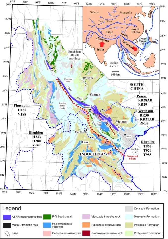 Fig. 1. Sample locality map of granitic rocks from northern Vietnam. The geologic map is modi®ed from the Bureau of Geology and Mineral Resources of Yunnan (1990) and Geologic Society of Vietnam (1988)