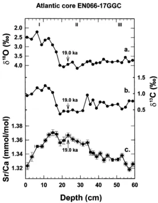 Fig. 3. Tracer data for C. wuellerstor¢ in the eastern equato- equato-rial Atlantic core EN066-17GGC