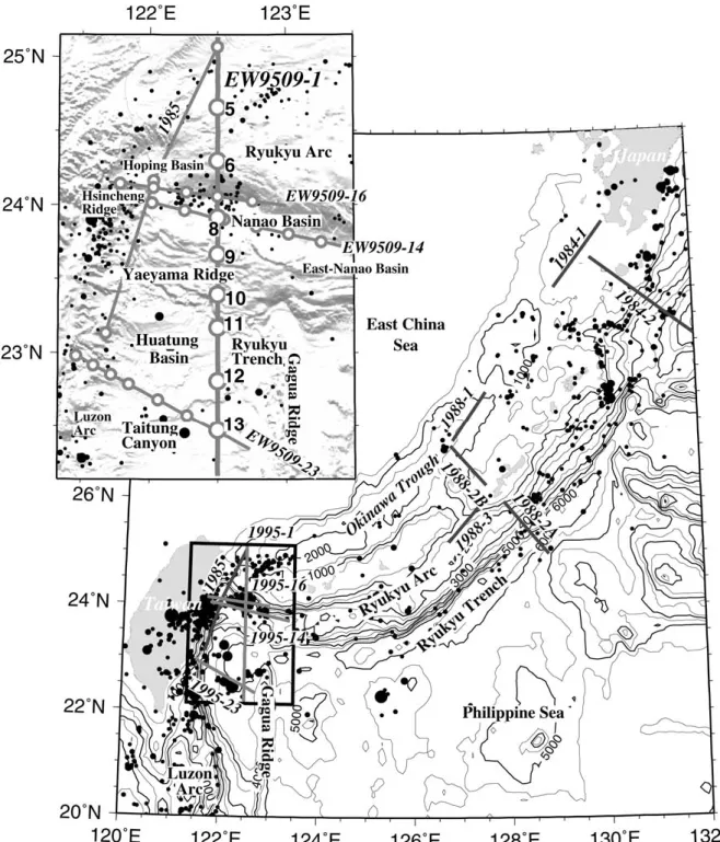 Figure 1. OBS lines, teleseismically determined epicenters (CNSS catalogue), bathymetry and tectonic features in the Ryukyu subduction zone.