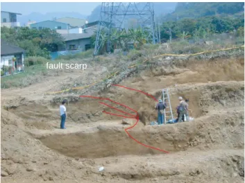 Fig. 4. The fault scarp offsets the river terrace. The height of the fault scarp is 2.1 m in trench B
