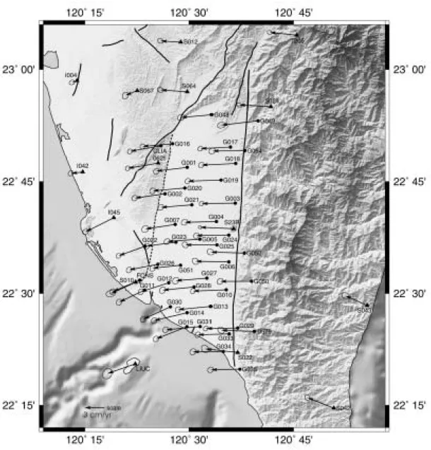 Fig. 3a. The velocities of GPS stations on the Pingtung plain relative to Paisha,  Penghu (S01R) from 1996 to 1999