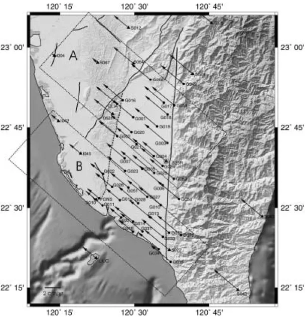 Fig. 9. Plate-motion-parallel components of GPS stations on the Pingtung plain  relative to Paisha, Penghu (S01R), from 1996 to 1999