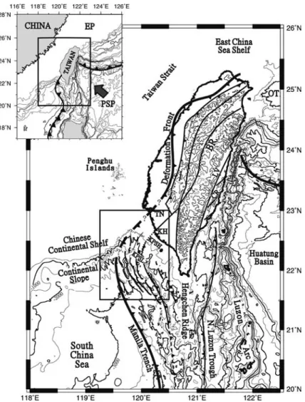 Figure 1. Geological settings of Taiwan and adjacent area. Inlet shows the tectonic setting of Taiwan and two adjacent subduction systems