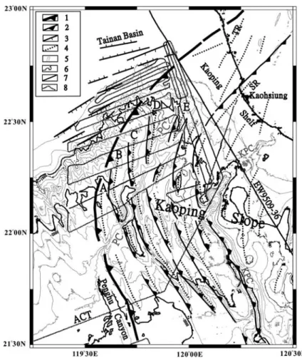 Figure 2. Structural map oﬀshore SW Taiwan. A, B, C, D, and E are the anticlinal ridges described in the text