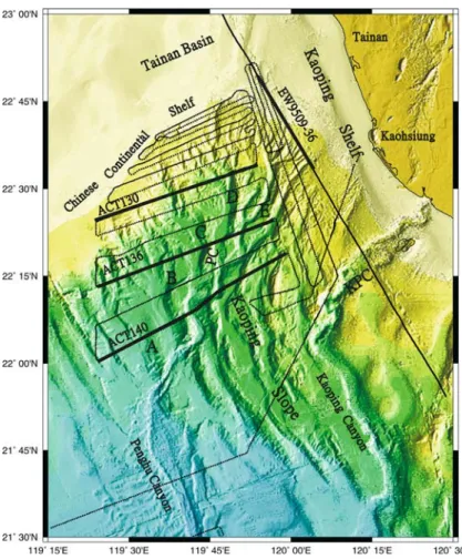 Figure 3. Hill-shading map of the study area. Solid line and dot lines show the locations of EW9509-36 proﬁle and ACT seismic proﬁles, respectively