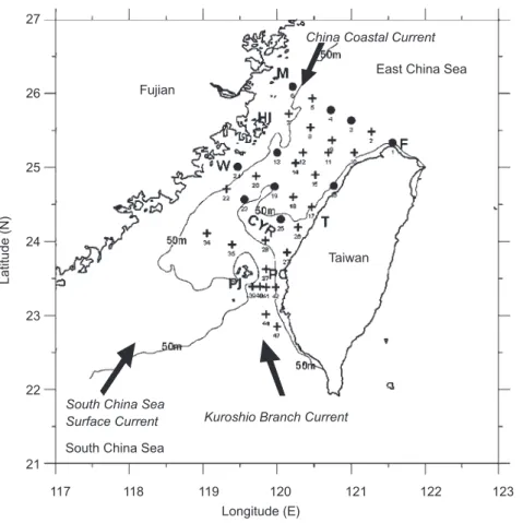 Fig. 1. Map showing sampling stations and isobaths in the Taiwan Strait.  Crosses indicate stations with CTD data only; filled circles indicate stations with both CTD and copepod samples; arrows indicate the main currents during the cruise; HI, Haitan Isla