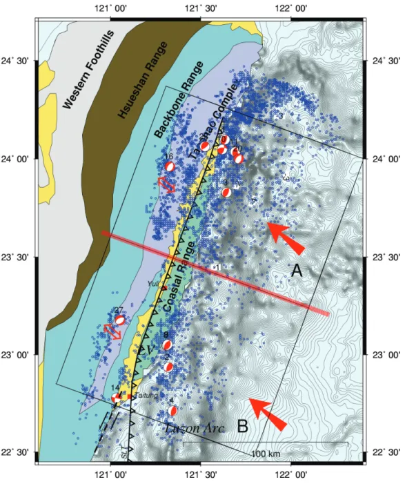 Fig. 9. The map view of modeling eastern Taiwan Tectonic implications. The detail descriptions are in this text.