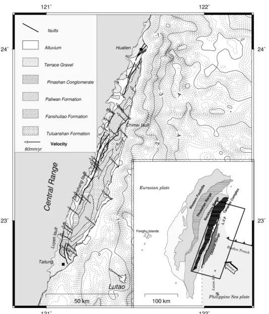 Fig. 1. Geology (Ho 1986) and geodynamic of eastern Taiwan and its offshore topography