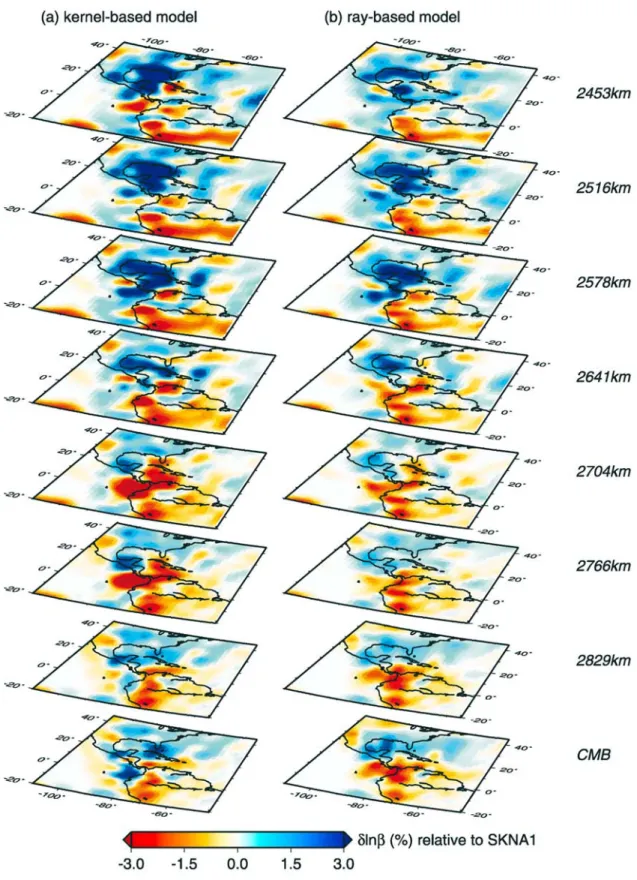 Figure 10. (a) Shear velocity variation relative to the SKNA1 model resolved from finite frequency tomography of the differential travel time residuals corrected using the UCB model