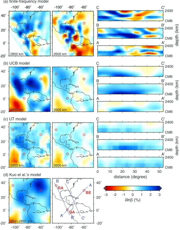 Figure 15. Comparison of shear velocity variation relative to the PREM model from (a) the finite frequency model with that from (b) the UCB model, (c) the UT model, and (d) the D 00 model of Kuo et al.