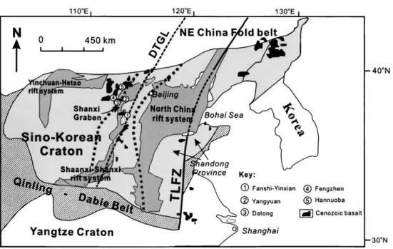 Figure 1. Simplified map showing distribution of Cenozoic rifting systems and basalts in the Sino-Korean craton (SKC), eastern China (modified after Xu 2002)