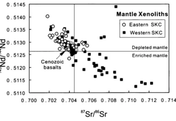 Figure 5. Variation of 143 Nd/ 144 Nd versus 87 Sr/ 86 Sr of mantle xenoliths in Cenozoic basalts from the SKC