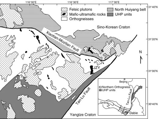Figure 1. Simplified geologic map of Dabie Shan region (modified from Jahn et al., 1999)