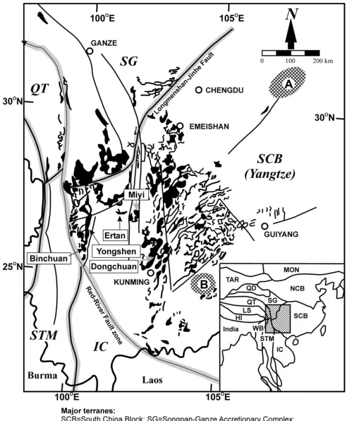 Fig. 1. Schematic map showing the distribution of the Permian–Triassic volcanic successions black areas in the Emeishan basalt province