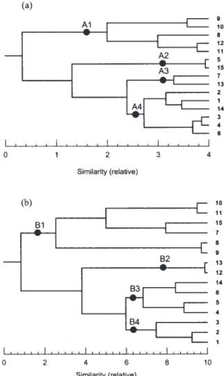 Fig. 5. Dendrograms of station association derived from the species composition of copepods (a) and fish larvae (b).