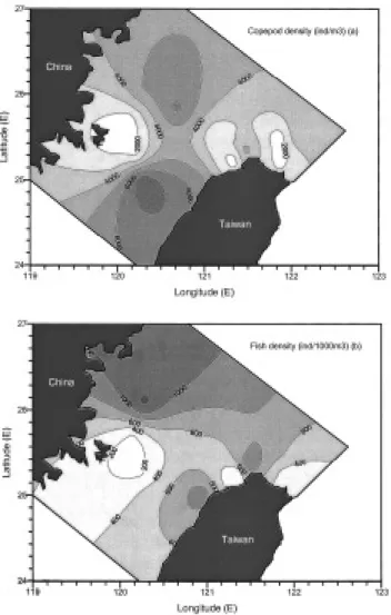 Fig. 7.  Contour plots of copepod abundance (a) and fish lar- lar-vae abundance (b) in waters of the northern Taiwan Strait.