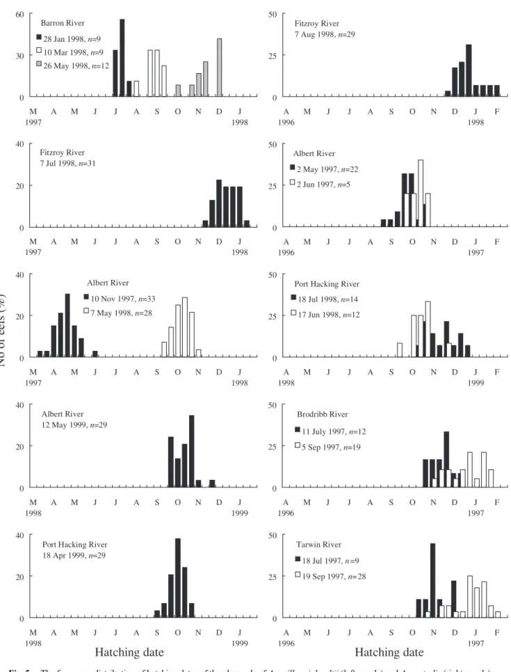 Fig. 5. The frequency distribution of hatching dates of the glass eels of Anguilla reinhardtii (left panels) and A