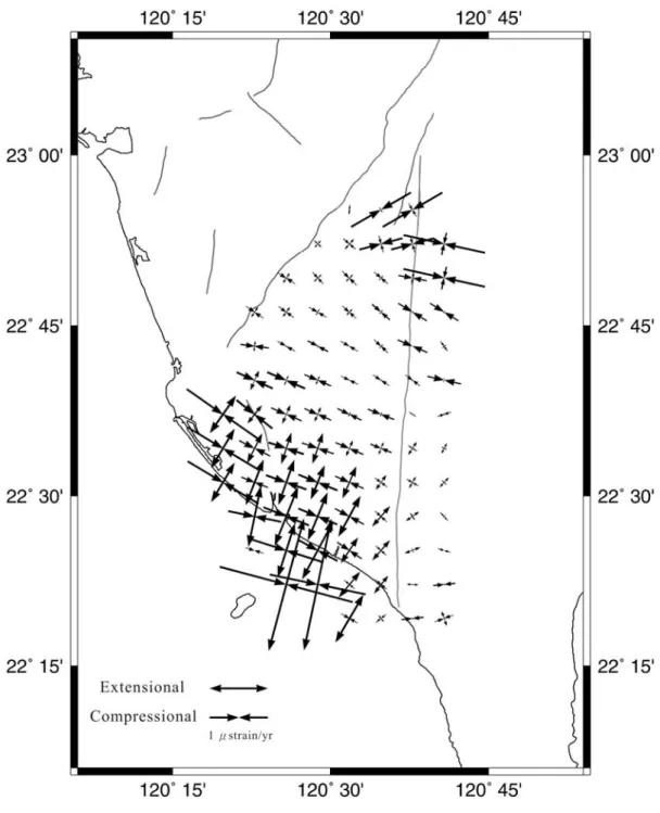 Fig. 3. Principal strain rates in the Pingtung area. Convergent arrows denote  contraction, whereas divergent arrows represent extension