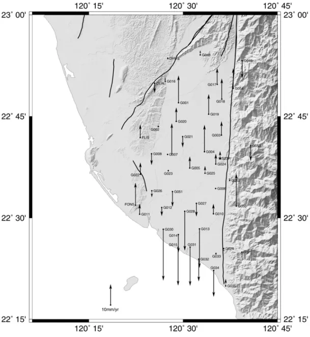 Fig. 4. Vertical velocities of GPS stations in the Pingtung plain relative to Paisha,  Penghu (S01R) from 1996 to 1999