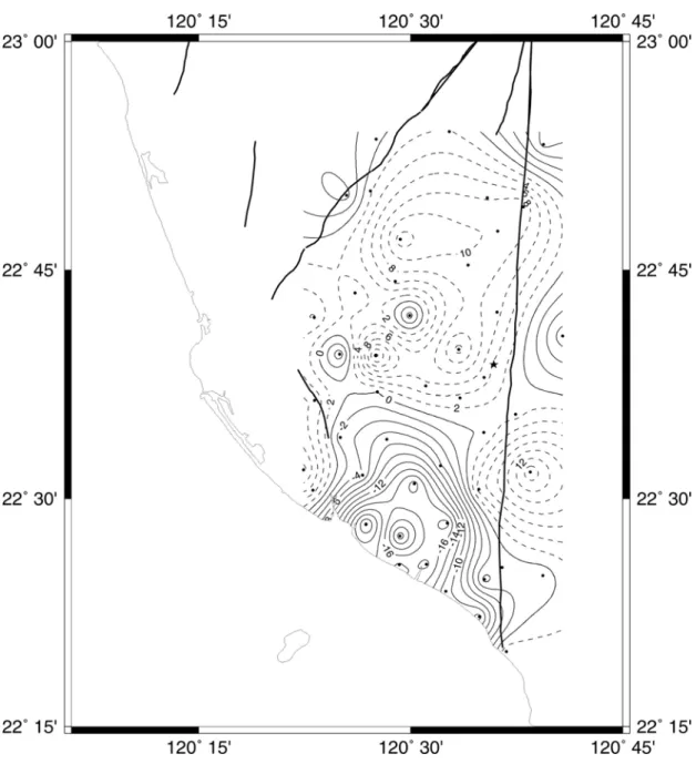 Fig. 5. Contours of vertical velocities of GPS stations in the Pingtung plain relative to  Paisha, Penghu (S01R) from 1996 to 1999
