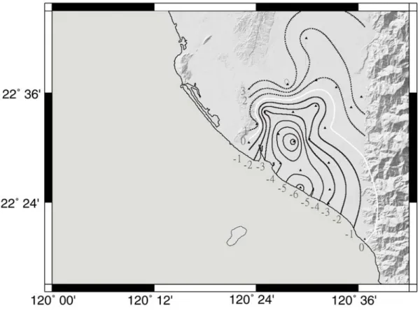 Fig. 6. Contours of vertical uplift and subsidence rates (mm/yr) of Holocene based on  radiocarbon dating and drilling cores (Modified after Lai et al., 2002)