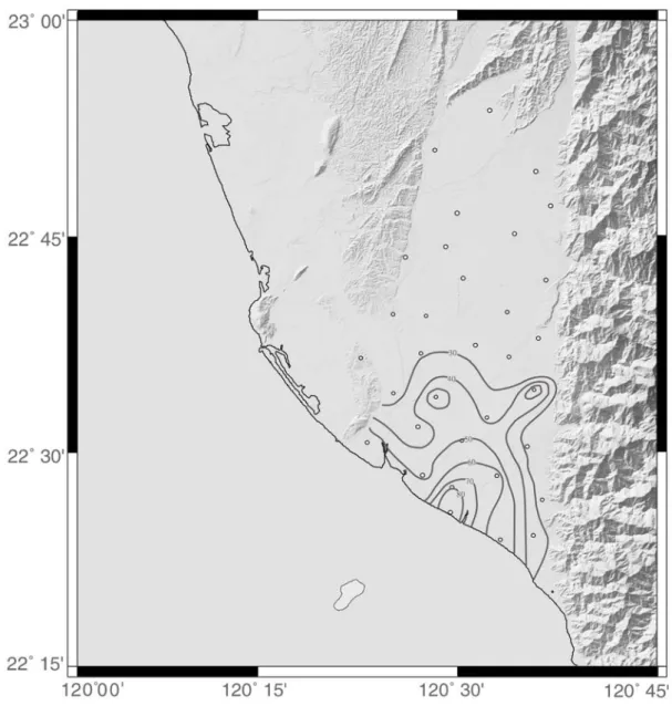 Fig. 7. Contours of percentage for depositional isopach of fine-grained sediments in  subsidence area (Modified after Huang et al., 1998)